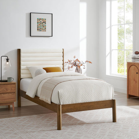 Modway Olea Twin Size Boucle Upholstered Platform Bed in Feather Walnut - Solid Wood Bed Frame with Channel Tufted Boucle Fabric Headboard - Sturdy Wood Slat Support - No Box Spring Required