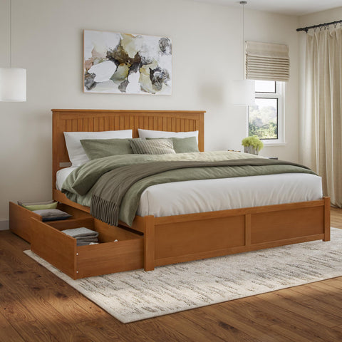 AFI Nantucket King Solid Wood Platform Bed with Footboard & Storage Drawers in Light Toffee