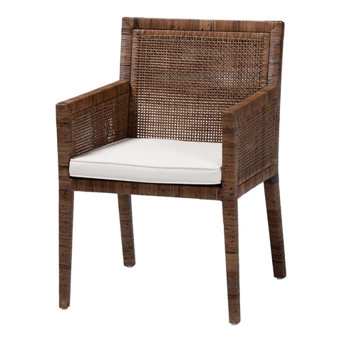 Bali & pari Karis Rattan Dining Chair with Cushion - Handwoven Wicker Armchair with Mahogany Wood Frame, Coastal Boho Style Indoor Seating, Antique Coffee