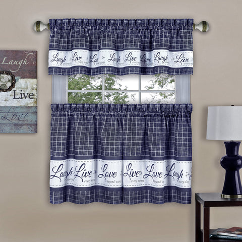 ACHIM Tier and Valance Window Curtain Set - 58 Inch Width, 24 Inch Length - Live, Love, Laugh (Navy) - Light Filtering Drapes for Kitchen, Bedroom, Living & Dining Room Home Decor