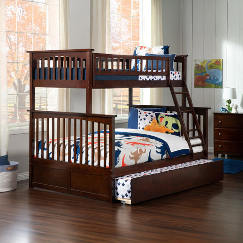 AFI Columbia Twin over Full Size Bunk Bed with Full Trundle & Charging Station in Walnut