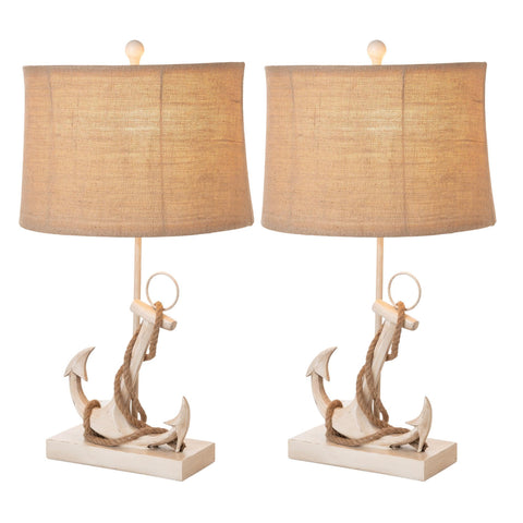 Sea Winds Trading Lux Lighting Cream Anchor with Rope Coastal Table Lamps (Set of 2) 3-Way Switch