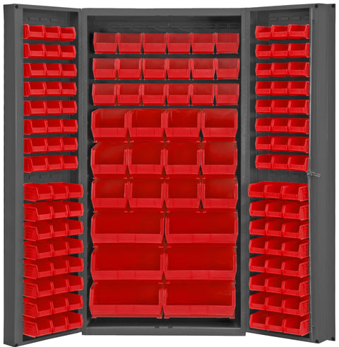 Heavy Duty Cabinet 14 Gauge 36 x 24 x 72 132 Red Bins 4 Inch Deep Box Doors with Louvered Panel Lockable Chrome Handle with Keys Gray