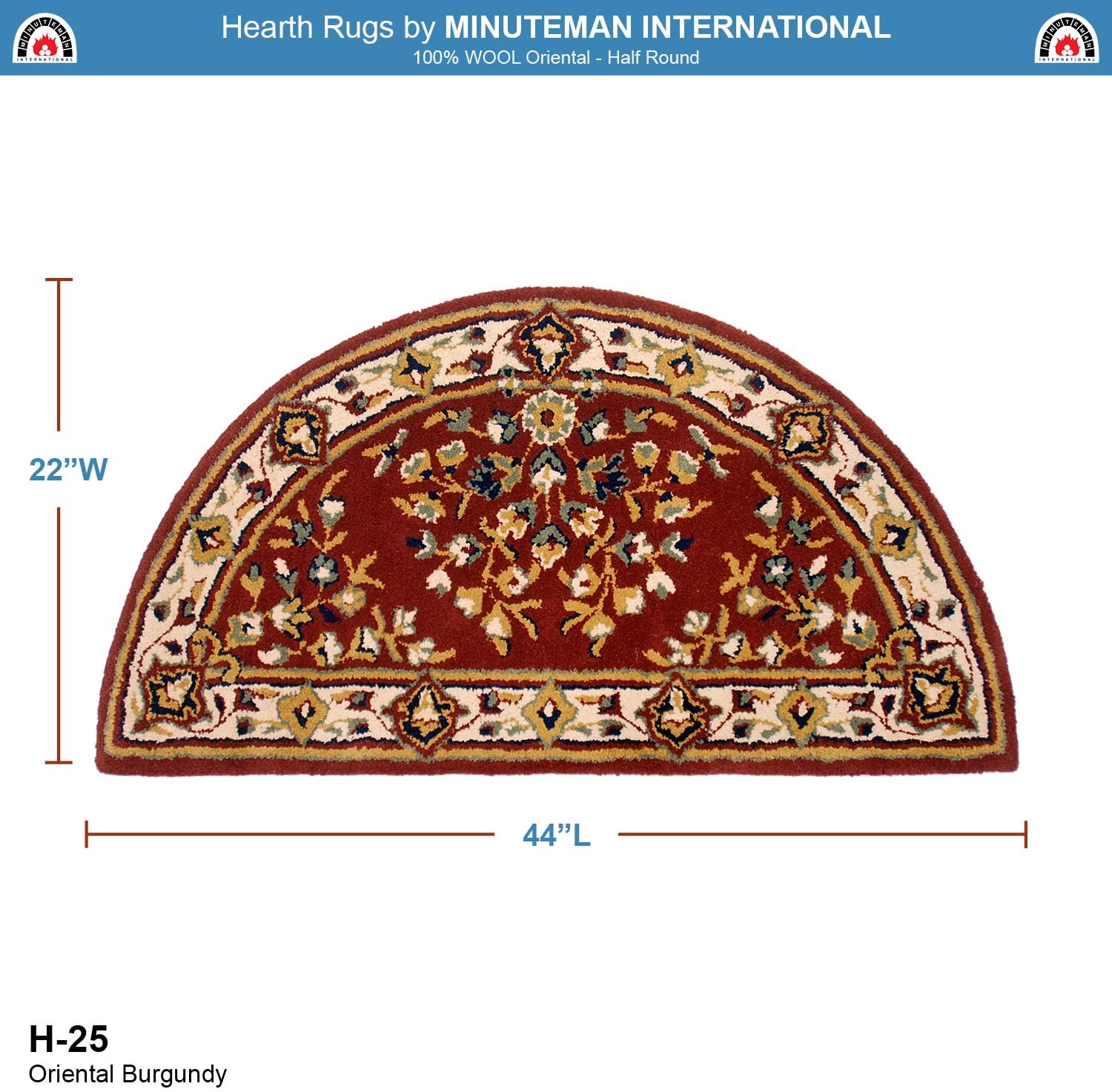 Minuteman International Burgundy Oriental Wool Hearth Rug, Half Round