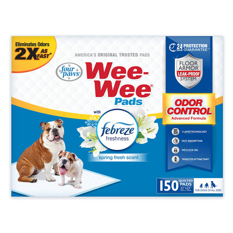 Four Paws Wee-Wee Odor Control with Febreze Freshness Pee Pads for Dogs & Puppies, Leak-Proof Dog Housebreaking Potty Training Floor Protection, Spring Fresh Scent, 22" x 23", 150 Count