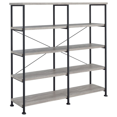 Coaster Home Furnishings Analiese Rustic Industrial 4-Tier Double Bookcase Etagere Bookshelf Office Storage Book Shelf Engineered Eco-Friendly Wood Laminate Sturdy Black Steel Grey Driftwood 801544