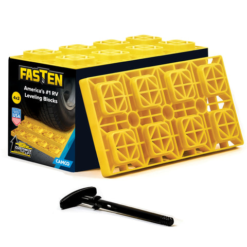 Camco Fasten Camper/RV Leveling Blocks - Features Interlocking Design for Customizable Height - Carrying Handle Twists to Secure Blocks for RV Storage - 17” x 8.5” x 1”, Yellow, 10-Pack (21023)