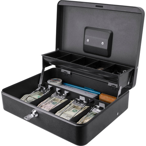 Barska 12-Inch Cash Box with Key Lock – Standard Register Style, 4 Bill Compartments, 5 Coin Tray Sections, Steel Construction, Portable Money Box for Home, Office, or Events