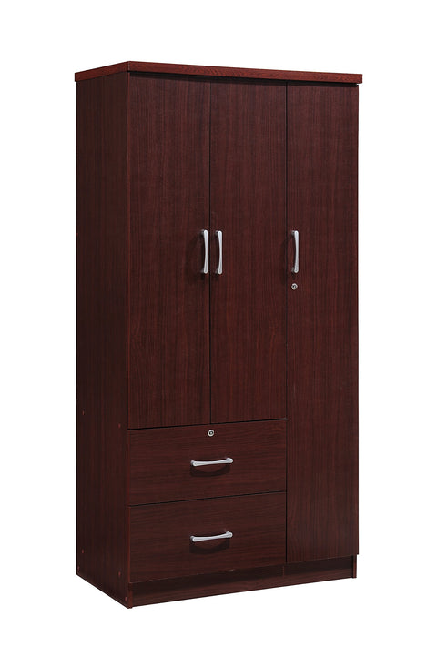 Hodedah 3-Door Armoire with 2-Drawers, 3-Shelves in Mahogany