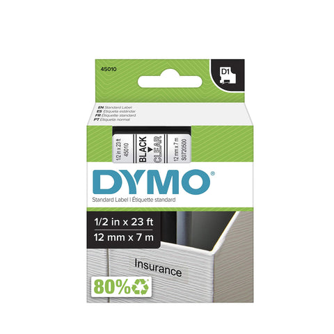 DYMO Authentic D1 Label l DYMO Labels for LabelManager COLORPOP and LabelWriter Duo Label Makers Great for Organization Indoor or Outdoor Use ½” (12mm) Black Print on Clear Tape Water Resistant