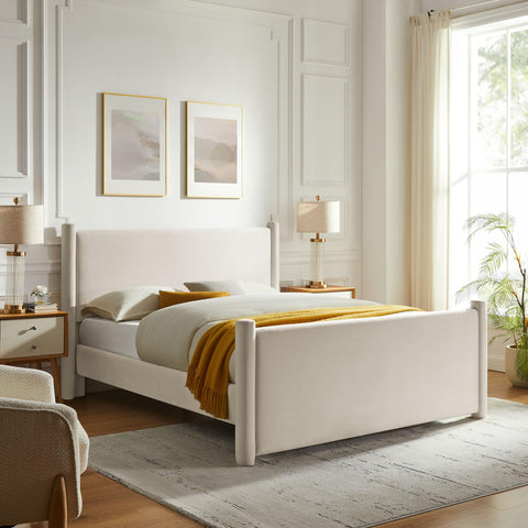 Modway Rael Queen Platform Bed Frame with Upholstered Headboard and Footboard in Alabaster – Stain-Resistant Performance Velvet Queen Size Bed with Rounded Posts