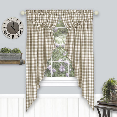 ACHIM Buffalo Check Gathered Swag Window Curtain Pair - 72 Inch Width, 63 Inch Length - Taupe & Ivory Plaid - Light Filtering Farmhouse Country Drapes for Bedroom Living & Dining Room Home Decor