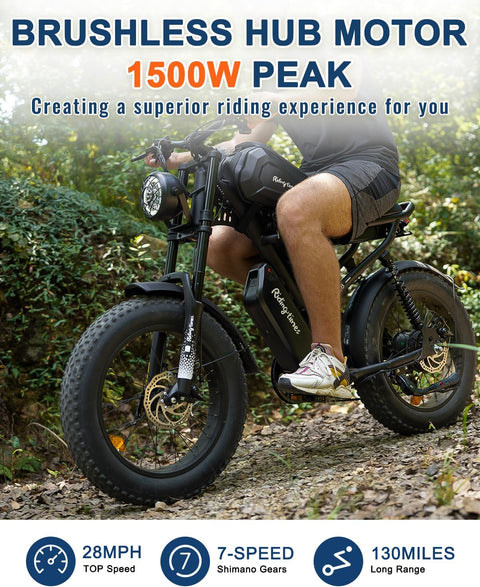 Riding'times Z8PRO Moped Style Ebike for Adults 1500W, 31.2AH Dual Battery Electric Dirt Bike with Long Seat & 20" Fat Tire, Max 31MPH & 40-150 Miles, Full Suspension E Bike All Terrain