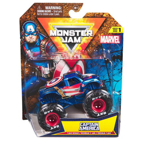 Monster Jam 2024 Marvel 1:64 Scale Diecast Series 1 Monster Truck with Flag: Captain America