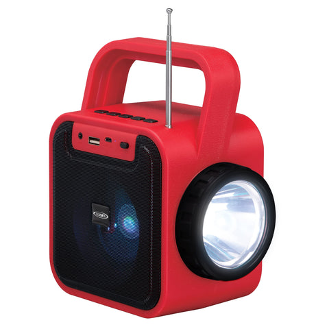 Jensen JEP-175 Portable Rechargeable Bluetooth Speaker with FM Radio, Flashlight, Solar Panel, and USB Port, Red, JEP-175