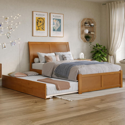 AFI Portland Full Solid Wood Platform Bed with Footboard & Twin Trundle in Light Toffee
