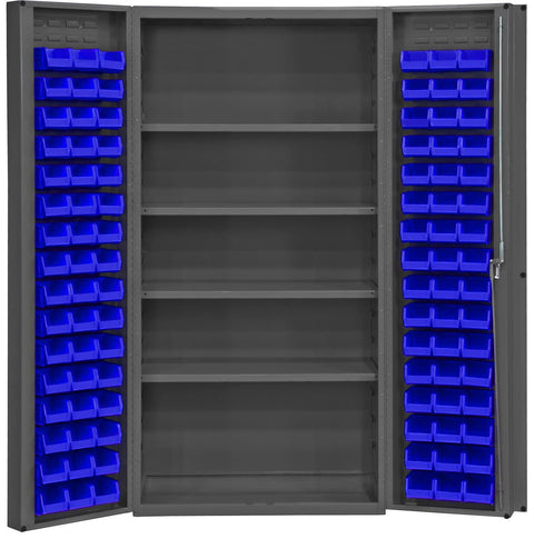 Heavy Duty Cabinet 14 Gauge 36 x 24 x 72 4 Adjustable Shelves 96 Blue Bins 4 Inch Deep Box Doors with Louvered Panel Lockable Chrome Handle with Keys Gray