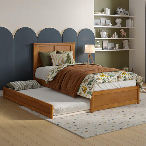 AFI, Felicity Twin Platform Bed with Panel Footboard and Twin Trundle, Light Toffee