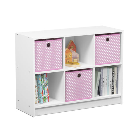 Furinno BASIC Book Shelf, 6-Cube Bookshelf with Open Shelf, 3 x 2 Bookcase with Storage Bins, Closed Back, Horizontal, 11.9 x 31.6 x 23.6, for Living Room, Bedroom, Home Office, White/Pink