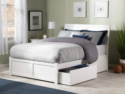 Portland Full Platform Bed with Flat Panel Footboard and Turbo Charger with Urban Bed Drawers in White