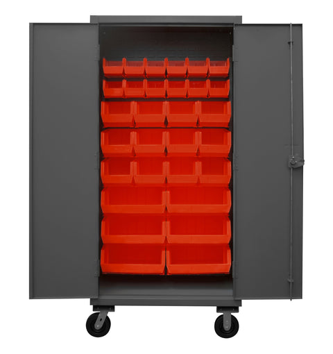 Durham HDCM36-30-1795 Lockable Mobile Cabinet with 30 Red Hook-On Bins, 36" Wide, 12 Gauge