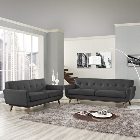 Modway Engage Mid-Century Modern Upholstered Loveseat and Sofa in Gray, Set of 2