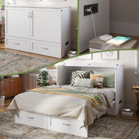AFI Hamilton Full Murphy Bed Chest with Mattress, Storage, and Built-in Charger in White
