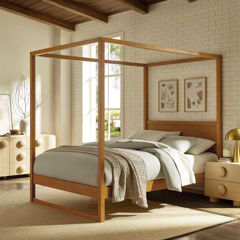 Modway Alva King Size 4-Post Wood Platform Canopy Bed in Oak – with Headboard and Solid Rubberwood Frame