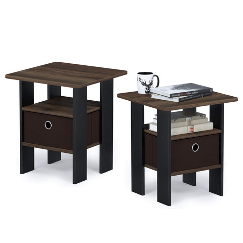 Furinno Andrey End Table Nightstand with Bin Drawer Amber Pine/Black Set of 2