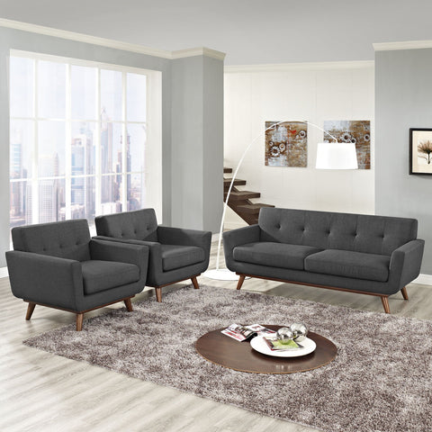 Modway Engage Mid-Century Modern Upholstered Fabric Two Armchair and Loveseat Set in Gray