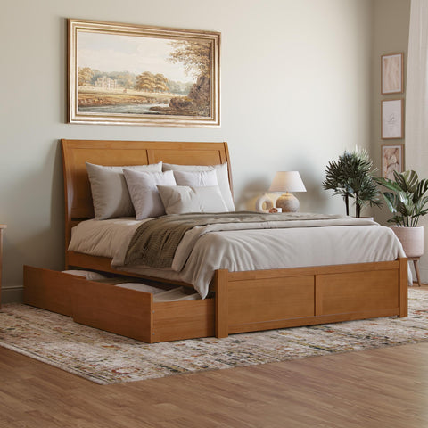 AFI Portland Queen Solid Wood Platform Bed with Footboard & Storage Drawers in Light Toffee