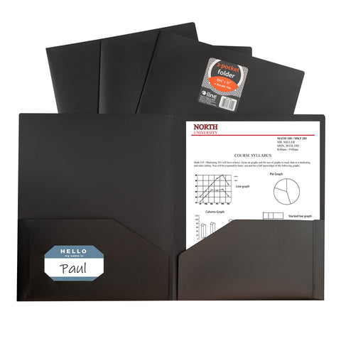 C-Line Two-Pocket Heavyweight Poly Portfolio, For Letter Size Papers, Includes Business Card Slot, 1 Display Case of 25 Portfolios, Black (33951-25)