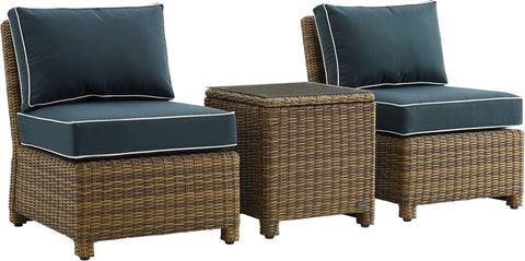Bradenton 3Pc Armless Wicker Outdoor Chair Set Navy/Weathered Brown - Side Table & 2 Armless Chairs