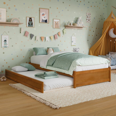 AFI, Barcelona Twin Panel Platform Bed with Twin Trundle, Light Toffee