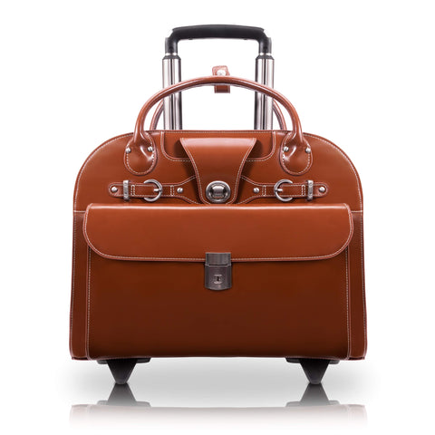 McKlein EDGEBROOK, Top Grain Cowhide Leather, 15" Leather Vertical Wheeled Ladies' Laptop/Computer & Tablet Business Briefcase Bag/Women's Rolling Overnight Travel Bag, Removable trolley case