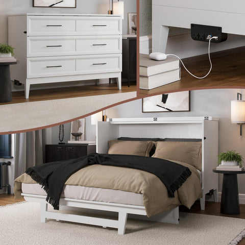 AFI, Santa Fe Full Murphy Bed Chest with 6" Mattress & Built-in USB Charger, White