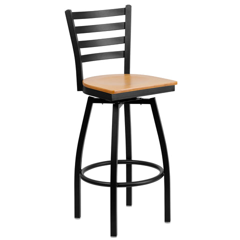 Flash Furniture HERCULES Series Black Ladder Back Swivel Metal Barstool - Natural Wood Seat
