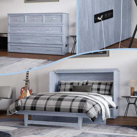 AFI, Northfield Murphy Bed Chest Queen with 6" Mattress, Storage Drawer & Built-in USB Charger, Driftwood