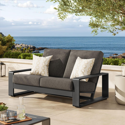 Modway Lirienne Aluminum Outdoor Loveseat in Smoke Gray - Weather-Resistant Modern 2-Seater Patio Couch with Removable Cushions