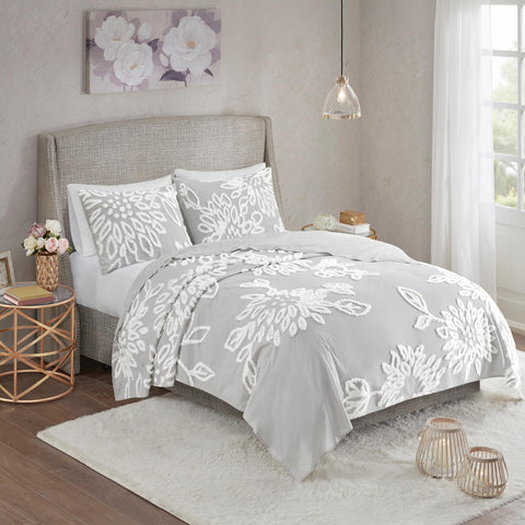 Madison Park Queen Comforter Set Floral Chenille Tufted Cotton Comforter for Queen Size Bed, Soft & Lightweight Down Alternative Queen Bedding Set, Shams, Veronica, Full/Queen Grey/White 3 Piece