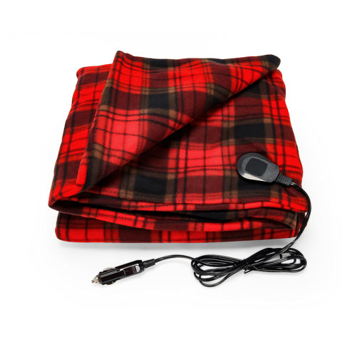 Camco Car & RV Heated Travel Blanket - Electric Blanket Features 7-Ft Power Cord Compatible w/Vehicle 12V Power Outlets - Measures 59” x 43” - Polar Fleece w/Red & Black Plaid Design (42804)