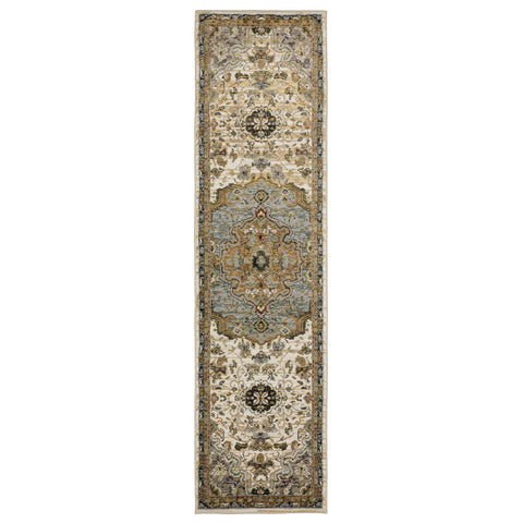 Oriental Weavers Andorra Area Rug - 2451B - 2'3" x 8' - in Ivory/Blue - Vintage Inspired, Stain Resistant, Family and Pet Friendly, Entryway, Hallway Runner Rug