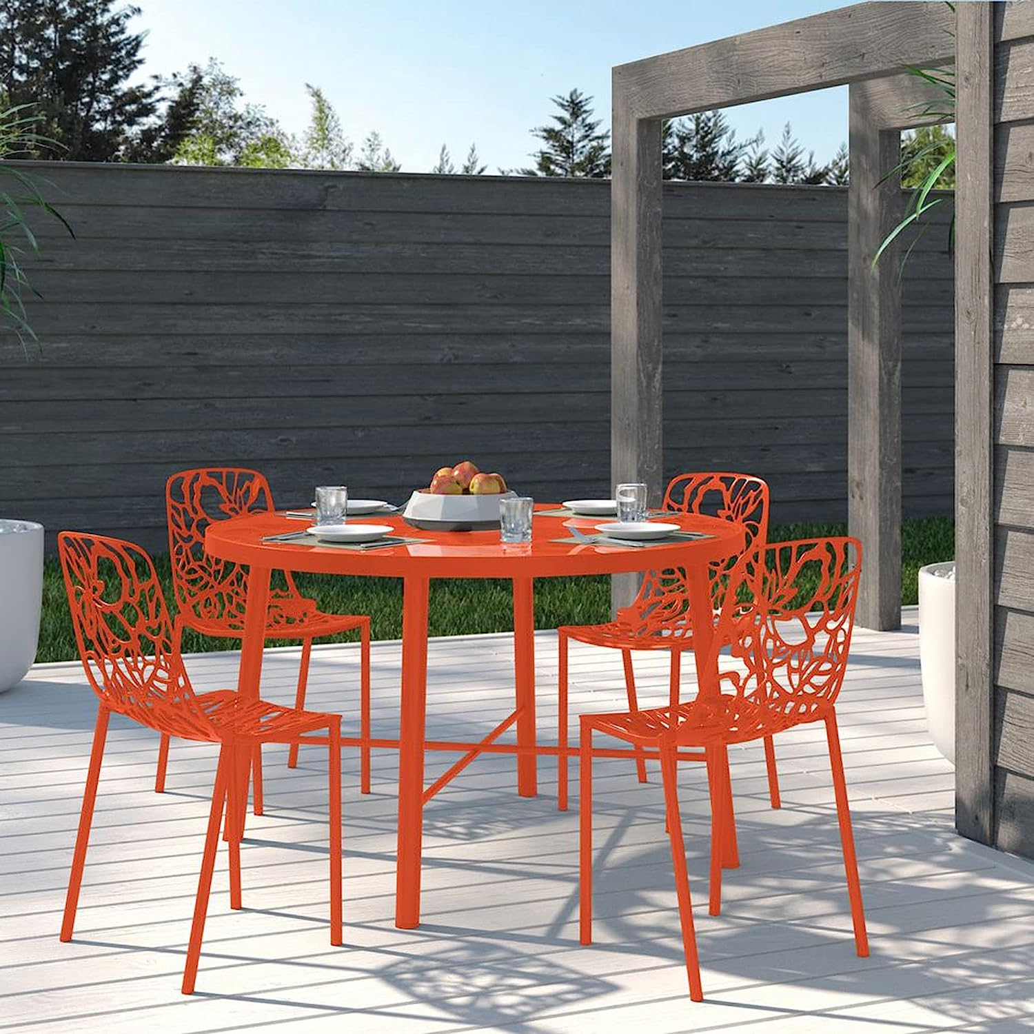 LeisureMod Devon Modern Aluminum Indoor-Outdoor Stackable Dining Chair Set of 4, Orange