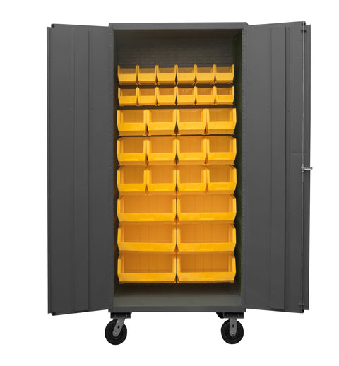 Durham 2501M-BLP-30-95 Lockable Mobile Cabinet with 30 Yellow Hook-On Bins