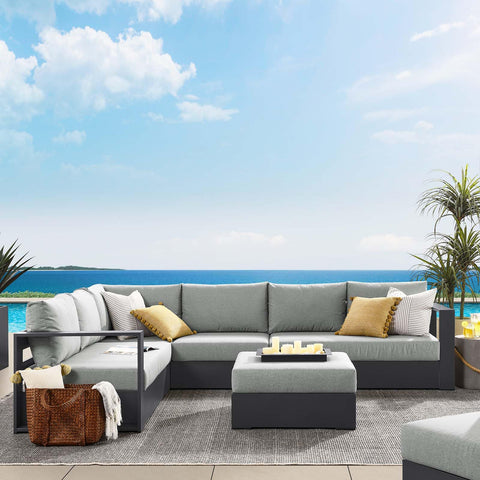 Modway Tahoe Aluminum 5-Piece Outdoor Patio Furniture Gray, Modular Sectional Sofa Set with Weather-Resistant Cushion and Ottoman, Ideal for Deck, Backyard Poolside