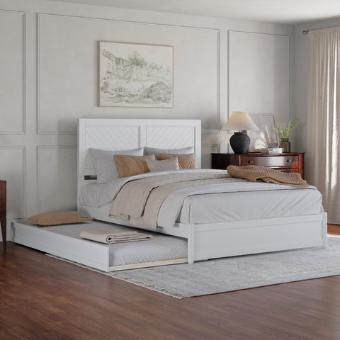 AFI Clayton Queen Wood Platform Bed with Panel Footboard & Twin XL Trundle in White