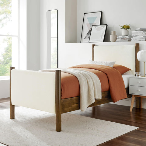 Modway Maven Twin Size Bed Frame in Feather Walnut with Upholstered Boucle Headboard and Footboard – Wood Twin Platform Bed Frame – No Box Spring Needed