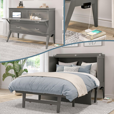 AFI, Northampton Full Size Murphy Bed Desk with Memory Foam 6" Mattress and Built-in USB Charger, Grey