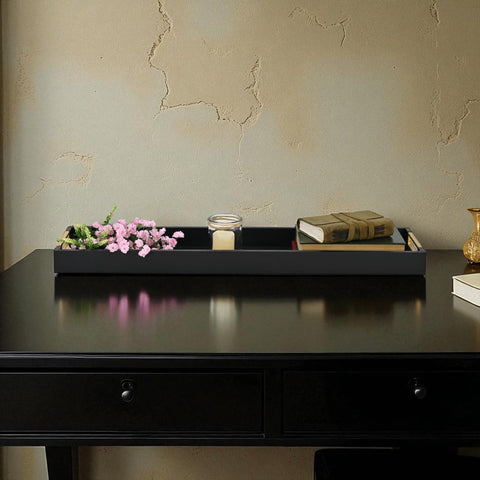 Nyssa Slim 31.87" Rectangular Wood Tray – Black with Gold Handles – Modern Centerpiece for Living Room or Console Table – by Cheungs