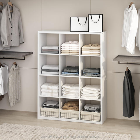 Furinno Cubic Closet Organizers and Storage, 12-Cube Closet Organizer, Open Shelf Closet Storage, Extra Thick Frame for Wardrobe, Bedroom, Living Room, White